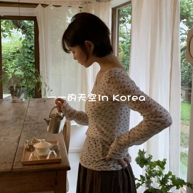 小清新少女风韩国代购2025秋季女装薄款修身碎花色打底衫长袖t恤