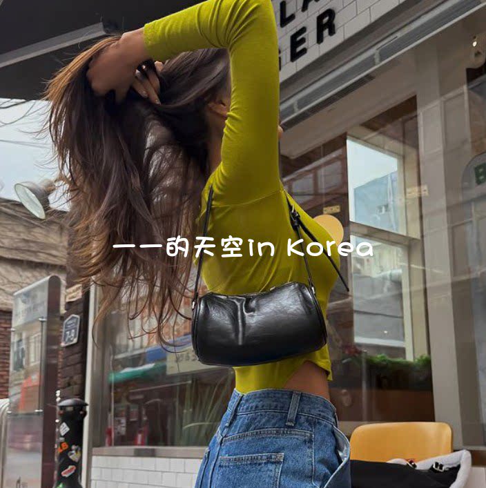 韩国代购酷辣风上衣 2025春季女装短款时尚高腰圆领修身长袖t恤