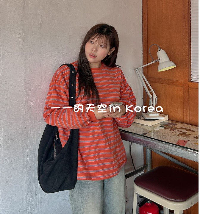 韩国代购卫衣 2025冬季女装新款甜美少女风减龄宽松加绒条纹上衣