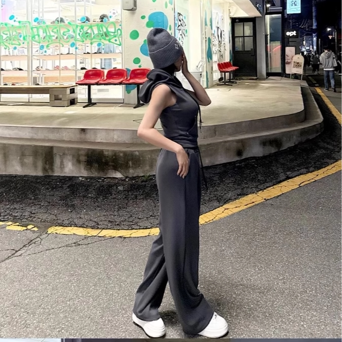 连帽无袖套装韩国代购正品2025春夏新款高级感上衣加长裤两件套女