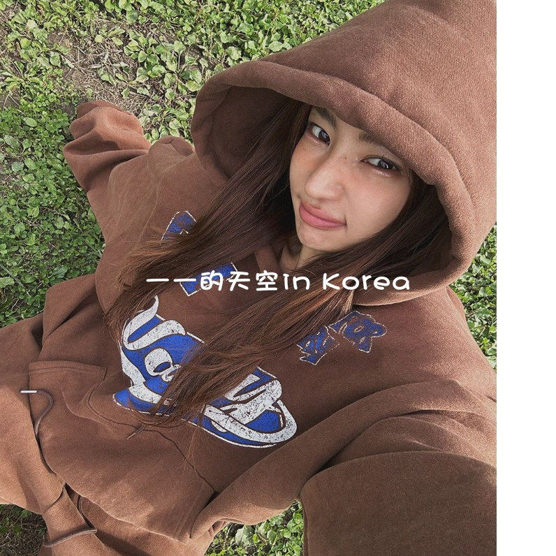 街头风连帽衫韩国代购正品2025秋冬女装新款复古字母宽松加绒卫衣