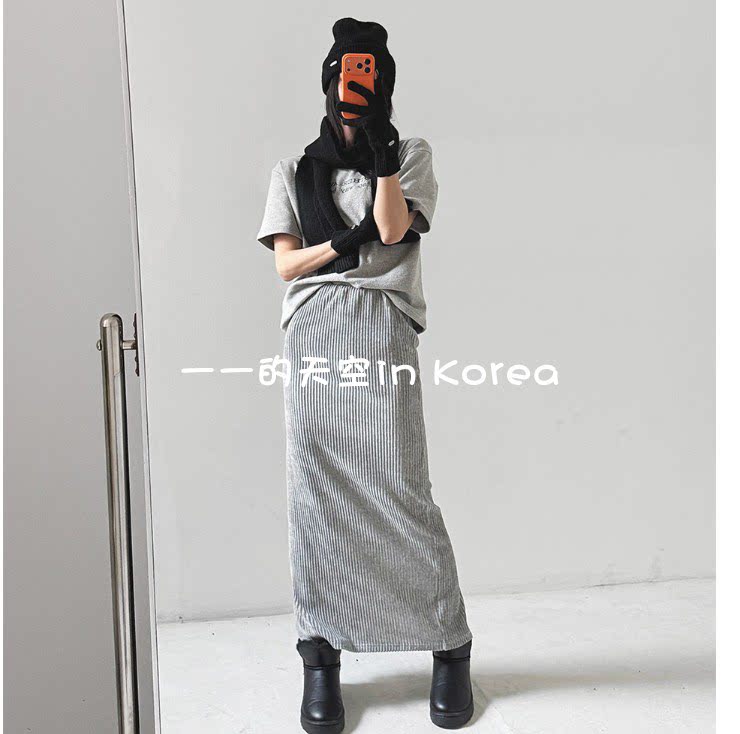 灯芯绒半身裙韩国代购正品2025冬季女装新款后开叉修身弹力长裙子