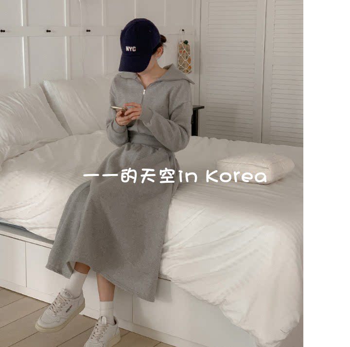 韩国代购卫衣裙 2025秋冬女装新款翻领半拉链收腰长袖加绒连衣裙