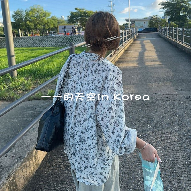 小清新碎花衬衣韩国代购2025夏新款少女风宽松减龄单排扣长袖衬衫