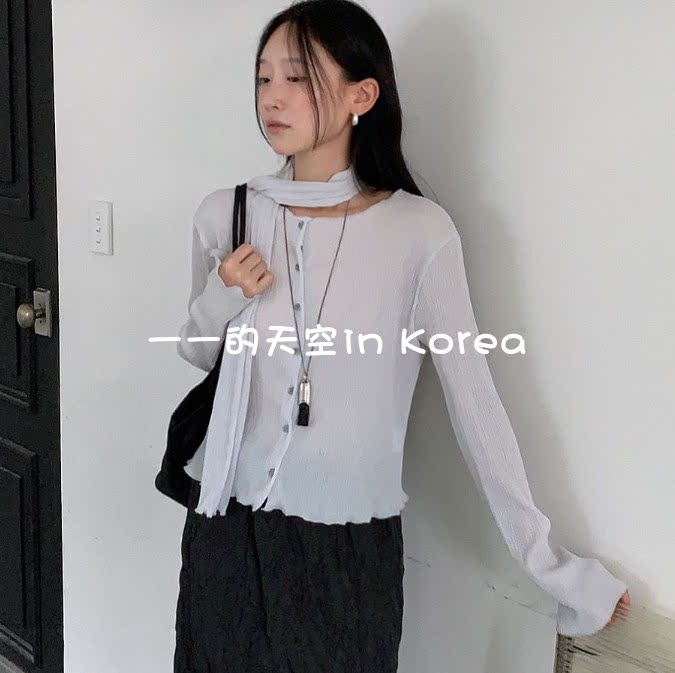 围巾+开衫套装韩国代购2026秋季新款文艺浪漫风舒适褶皱系扣上衣