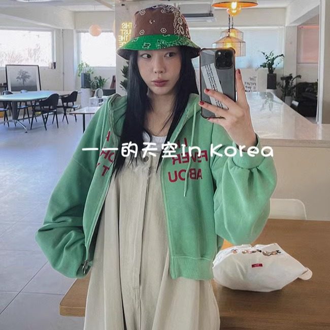 韩国代购卫衣2025年春装新款时尚双拉链字母宽松拉链连帽上衣外套