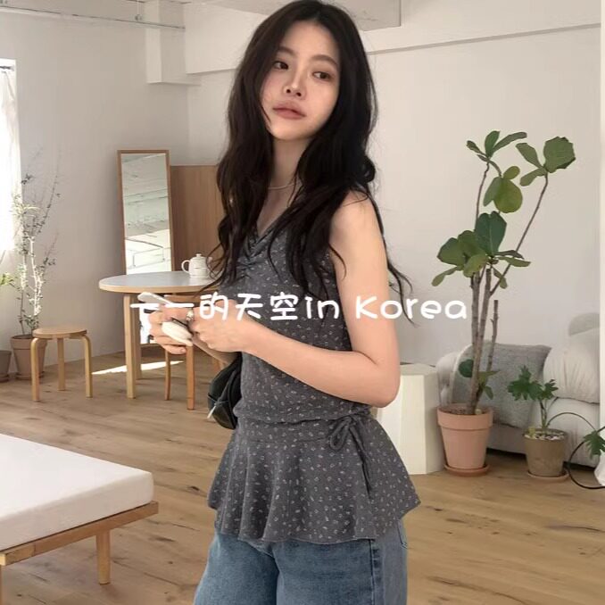 初恋风碎花背心韩国代购2025春夏新款荷叶边抽绳系带褶皱无袖上衣
