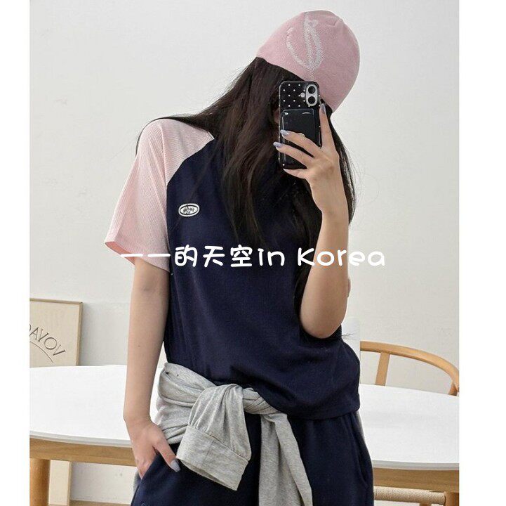 韩国代购正品tee 2026夏季女装新款时尚减龄青春配色插肩短袖t恤