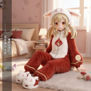 原游戏可&莉二次元秋冬胡&桃珊瑚绒连体睡衣加绒厚大码保暖家居服
