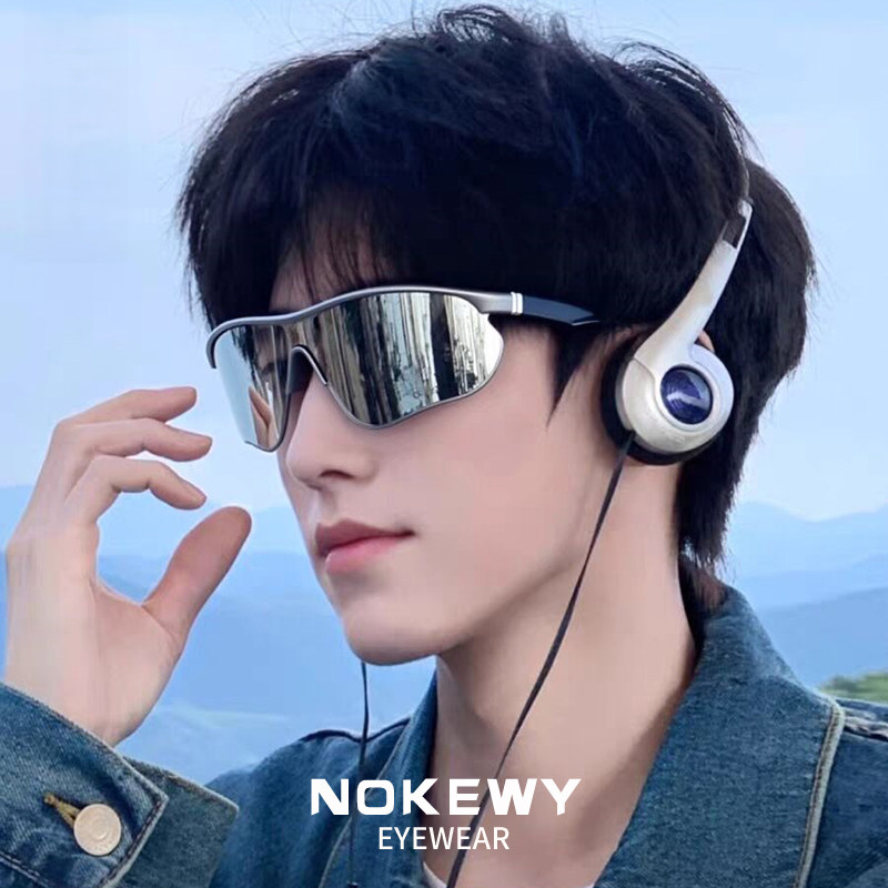 未来科技感一体式反光水银色太阳镜男户外骑行防风沙运动护目镜女