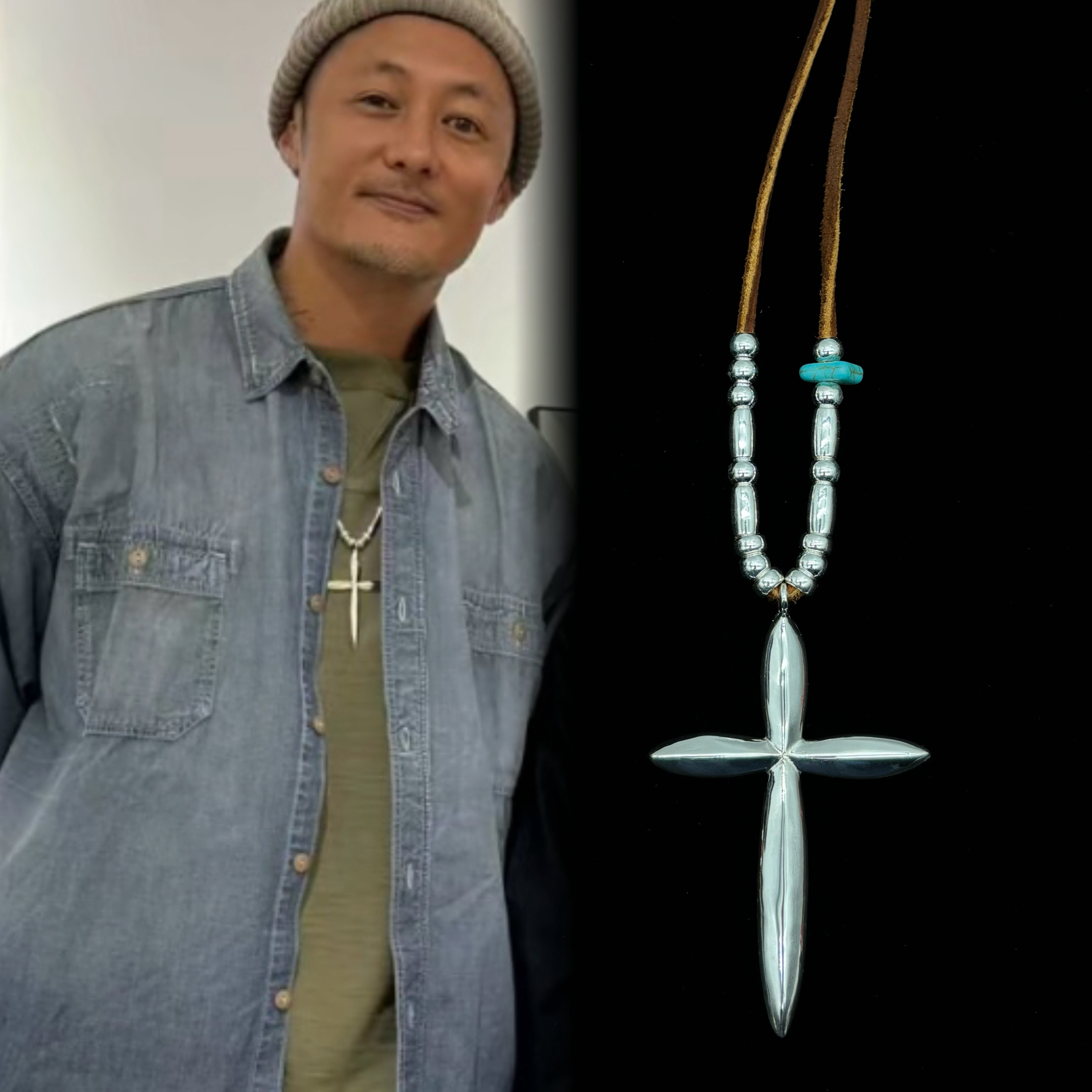 思涵银工坊larry smith余文乐同款项链925纯银蜻蜓十字架鹿皮绳链