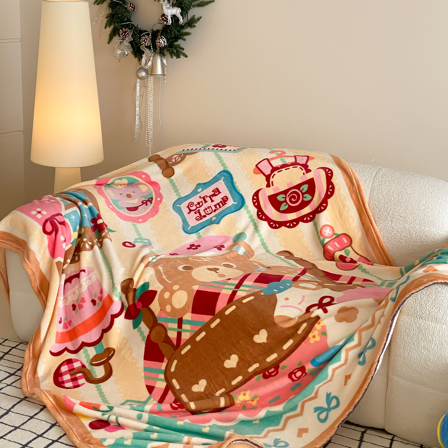 富山商店 x Lutrajump 可爱粉咖啡色小熊休闲法兰绒毛盖毯