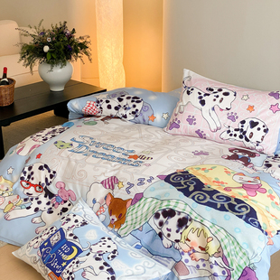 斑点狗系列手绘蓝色全棉被套100%棉床上四件套 奥莉蛙 富山商店