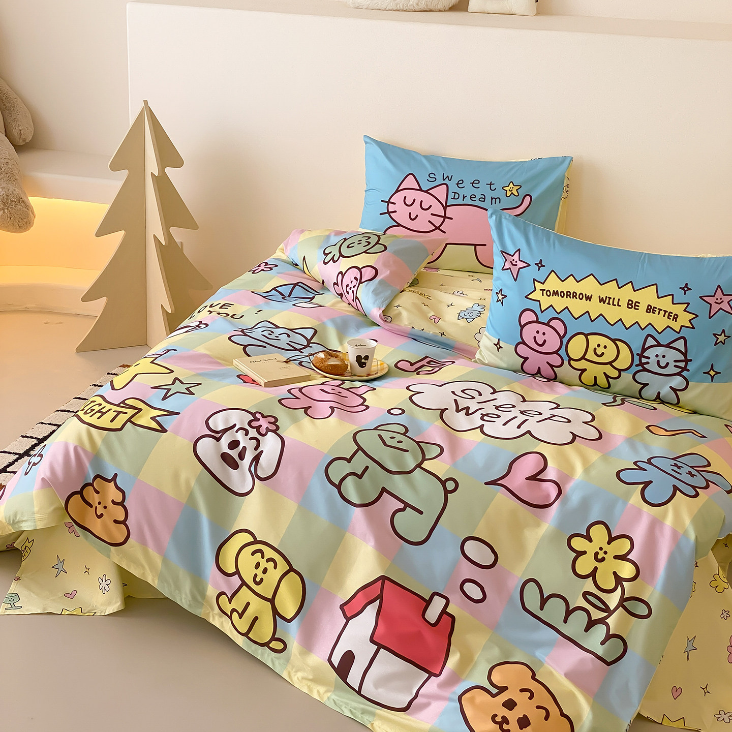 富山商店 x 一只脏猴 彩色格子可爱卡通全棉床上四件套