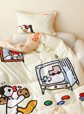 富山商店 x Pingu企鹅家族奶黄色可爱床上四件套100%棉单双人床