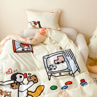 富山商店 x Pingu企鹅家族奶黄色可爱床上四件套100%棉单双人床