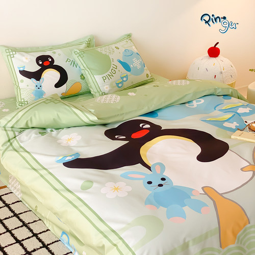 pingu中国风绿全棉床上四件套