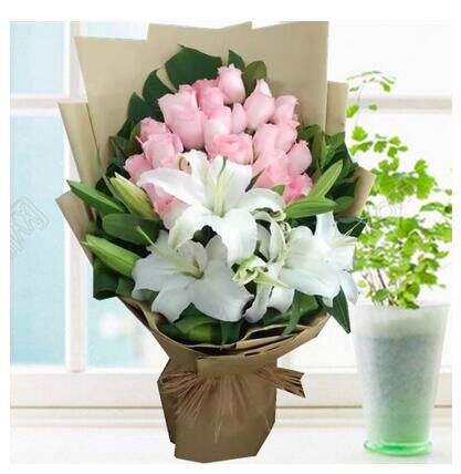 上海鲜花店粉玫瑰百合混搭花束同城鲜花速递七夕情人节生日送花