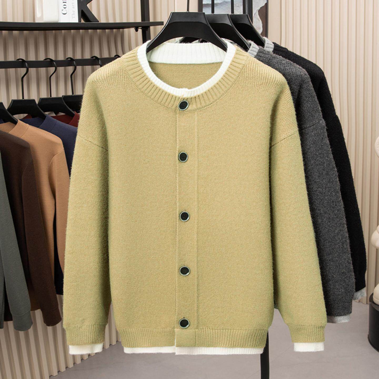 普洛克正品男装 秋厚撞色针织衫日系T恤大圆领假两件毛衣开衫外套