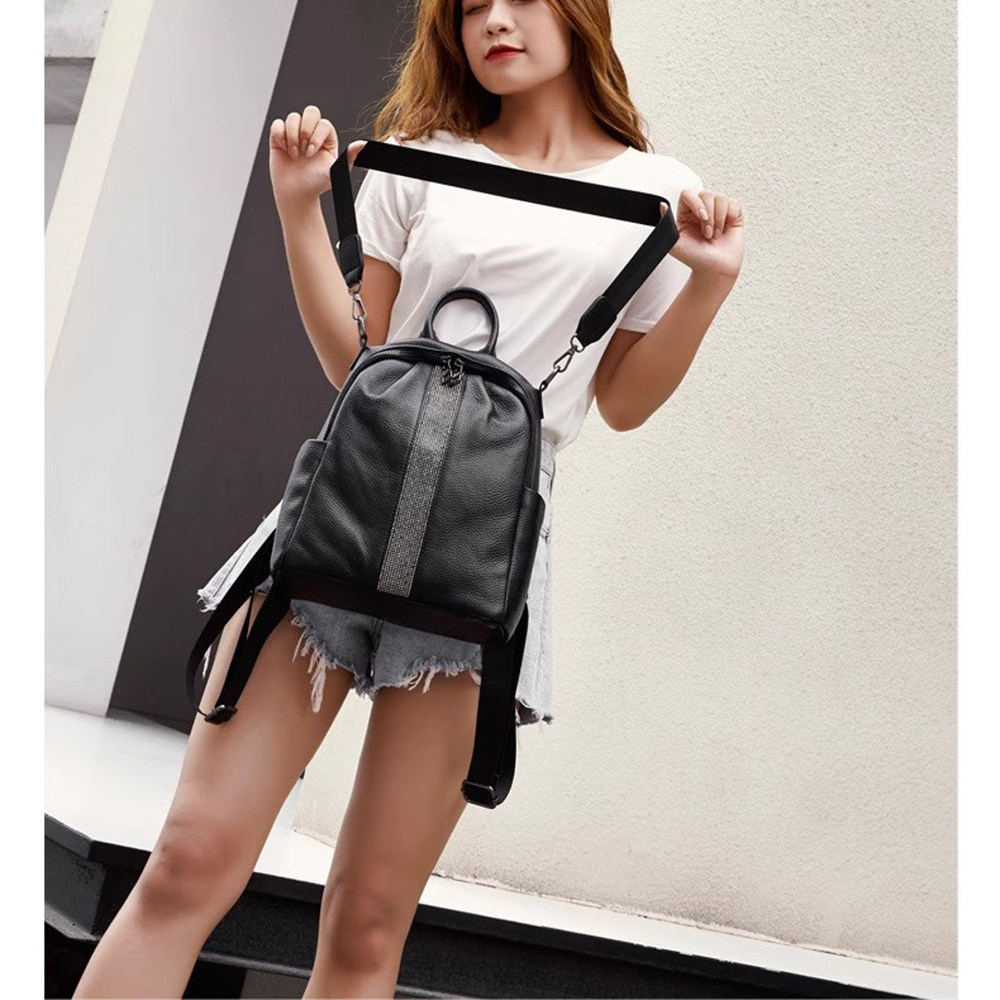 普洛克正品  女双肩包头层牛皮钻饰真皮百搭黑色女书包学生包