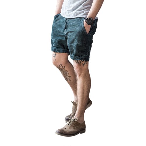 普洛克正品  休闲工装牛仔裤短裤男夏外穿修身做旧复古四分裤