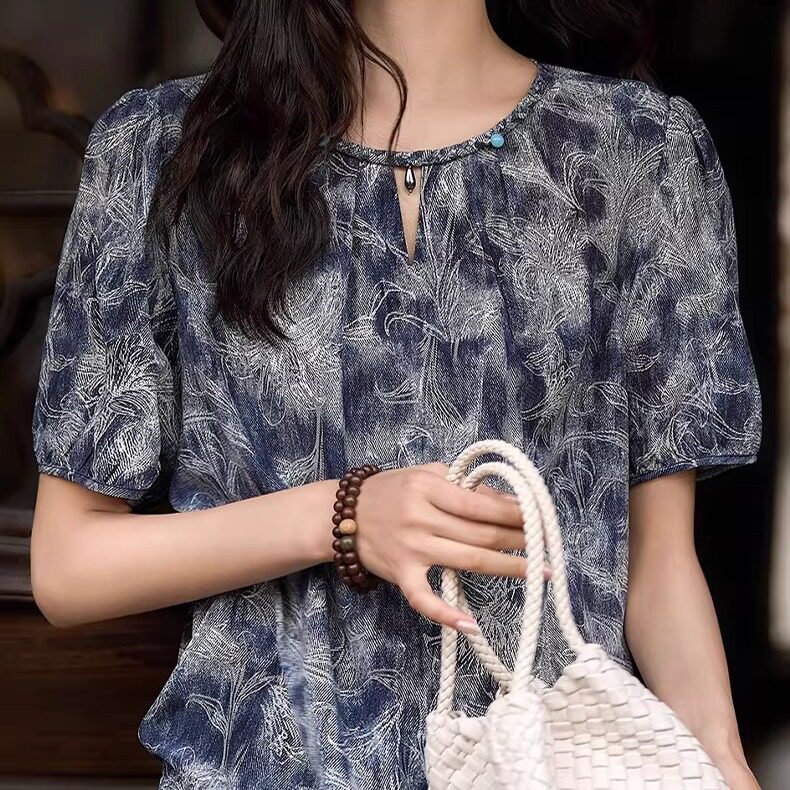 普洛克正品 衬衣刺绣斜门襟旗袍小衫桑蚕丝新中式短款恤上衣夏女