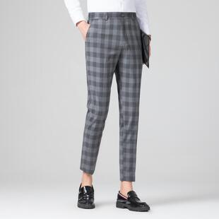 普洛克正品男西装裤夏款日常修身休闲深灰格九分小脚裤青年长裤