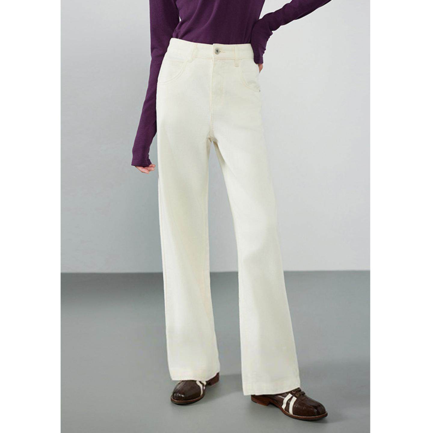 普洛克正品 超模神裤梨形身材复古直筒阔腿裤女白色高腰牛仔裤子