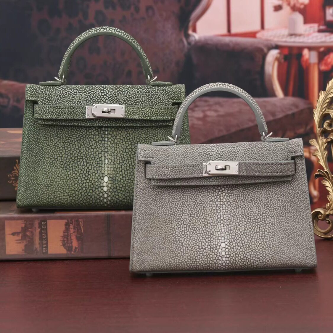 普洛克正品女包 珍珠鱼皮凯利包新款精致斜挎包高级质感手提包包