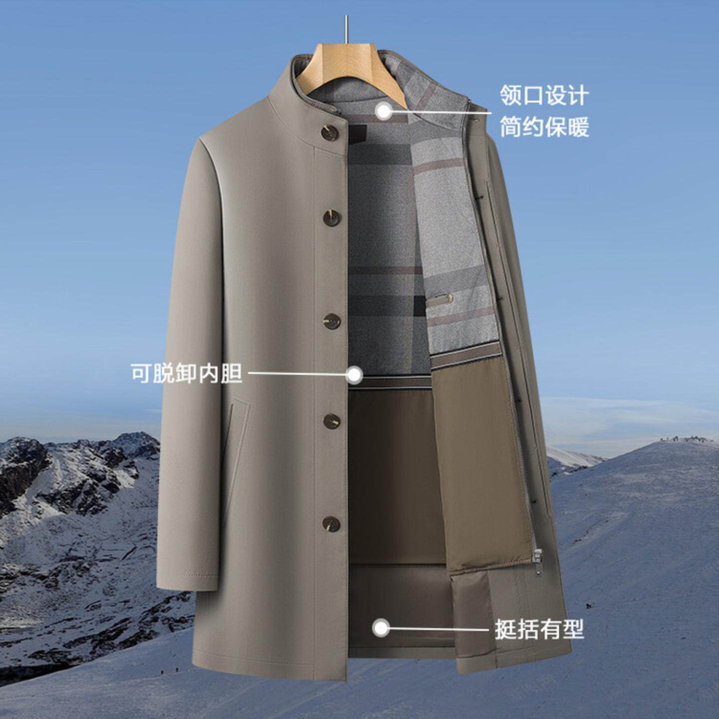 普洛克正品 内胆可拆卸秋冬男翻领风衣绵羊毛填充棉服中长款外套