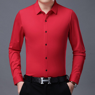 普洛克正品长袖衬衫男装爸爸本命红色公公岳父礼服衬衣上衣