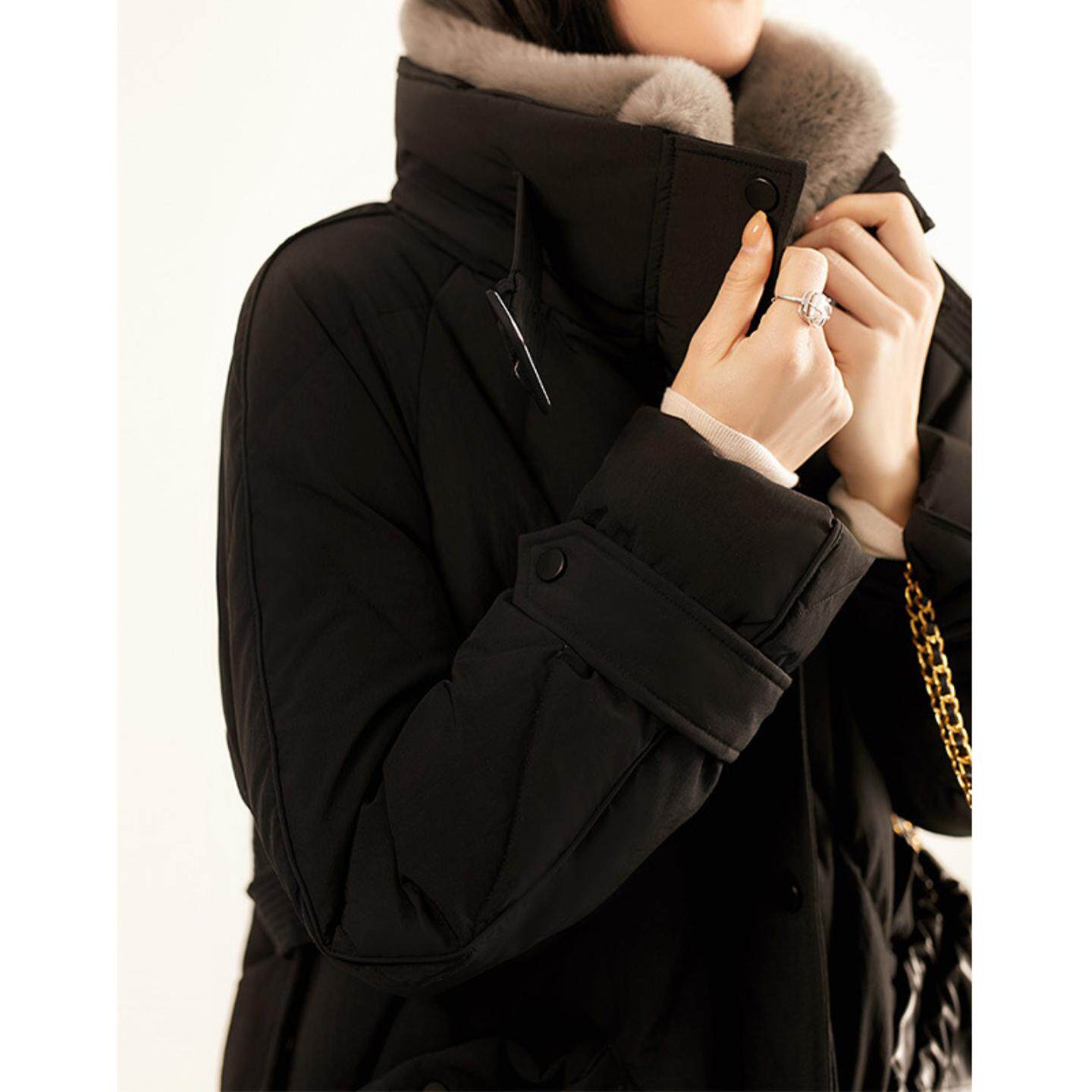 普洛克正品 95白鹅绒系带中长款女装高端气质羽绒服大毛领外套女