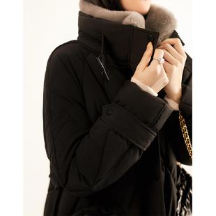 普洛克正品 95白鹅绒系带中长款女装高端气质羽绒服大毛领外套女