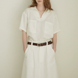 普洛克正品 亚麻V领衬衫女装夏薄上衣短袖衬衣半裙子套装