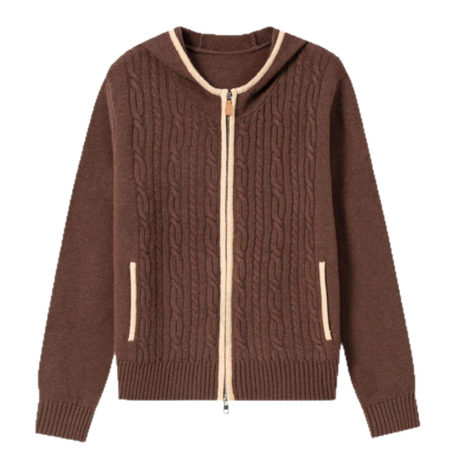 普洛克正品 简约麻花连帽针织衫女秋冬法式外搭厚款长袖开衫上衣