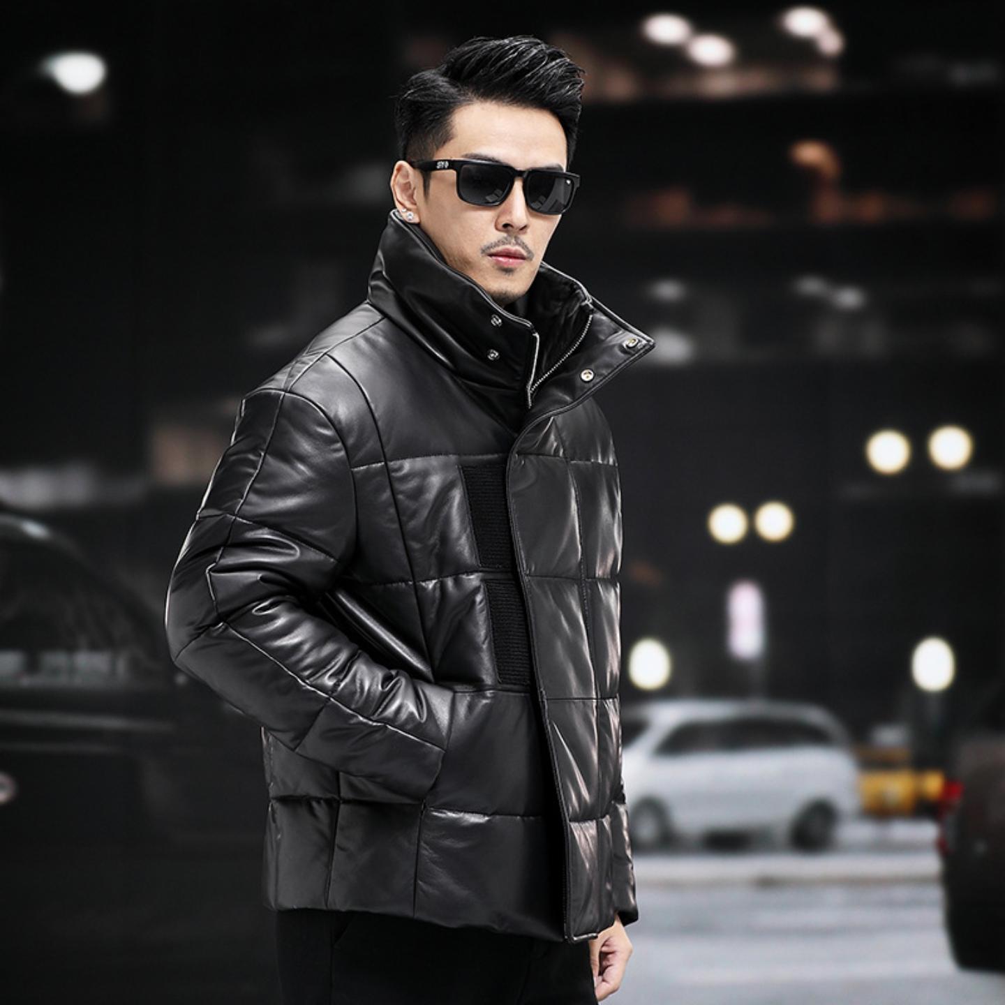 普洛克正品 男士真皮羽绒服立领绵羊皮外套机车夹克面包服加厚