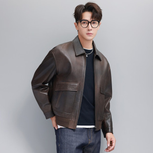 复古外套 真皮衣山羊皮短翻领休闲机车皮夹克美式 普洛克正品 男装