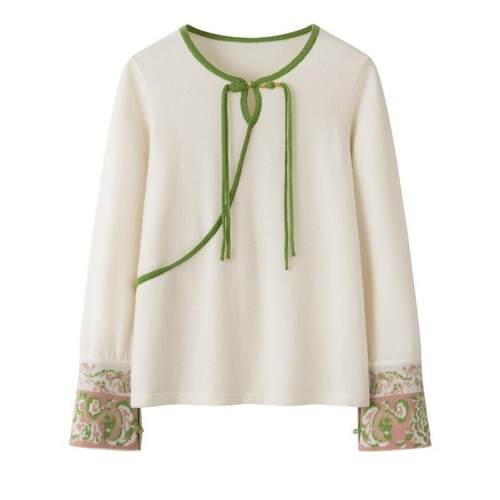 普洛克正品 秋冬山羊绒新中式圆领刺绣盘扣针织衫羊绒毛衣女外套