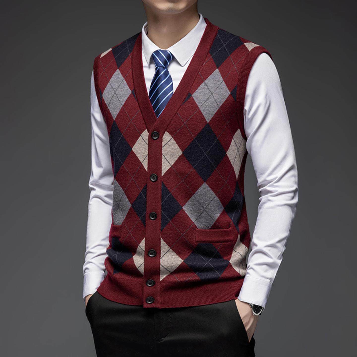 普洛克正品 马甲男士针织坎肩开衫背心宽松爸爸v领休闲羊毛冬男装