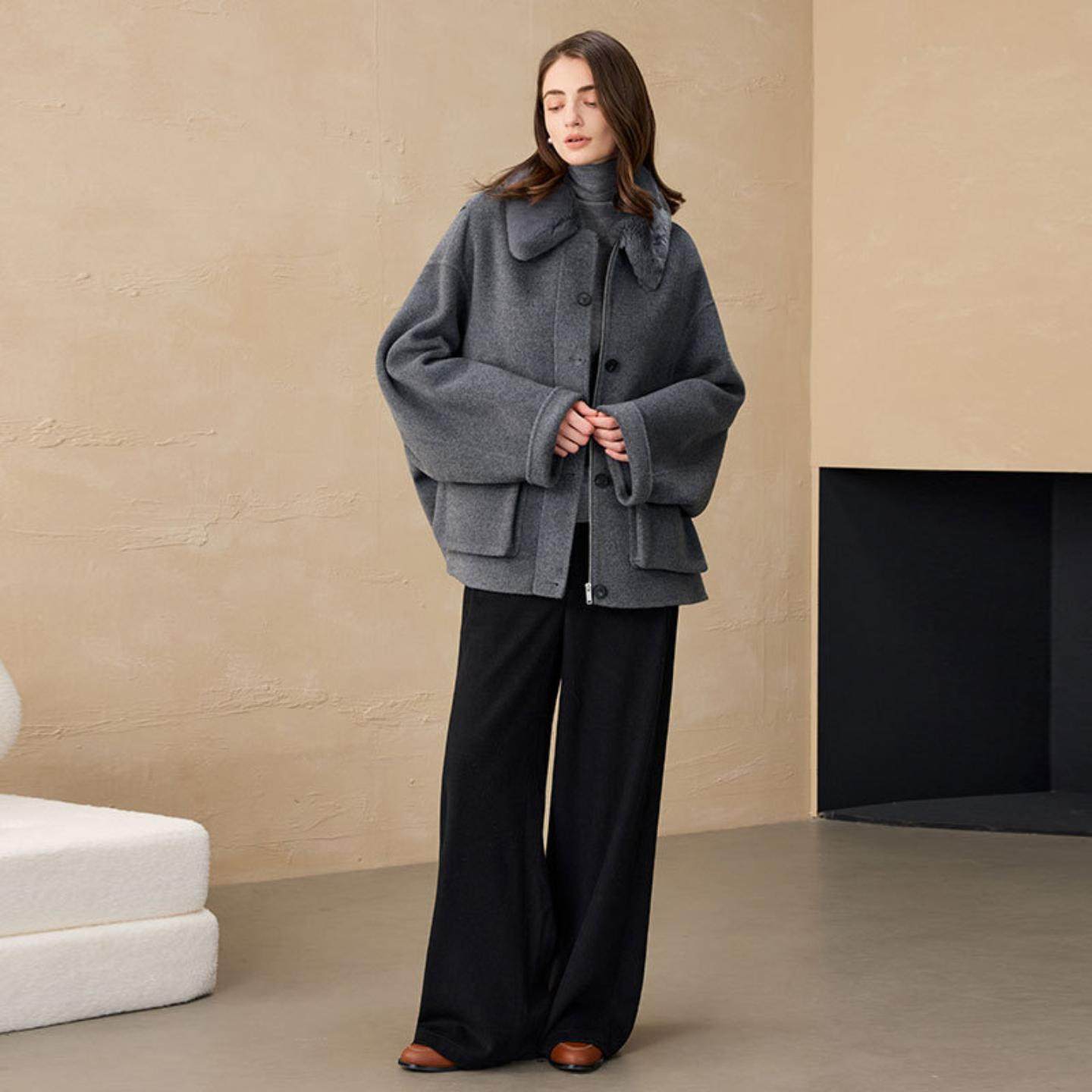 普洛克正品 日系小个子大衣休闲宽松加厚短羊驼毛呢秋冬女装外套