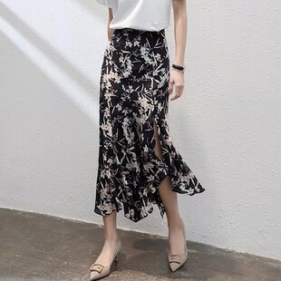 普洛克正品 不规则下摆鱼尾裙碎花真丝半身裙中长款女A字裙大裙摆