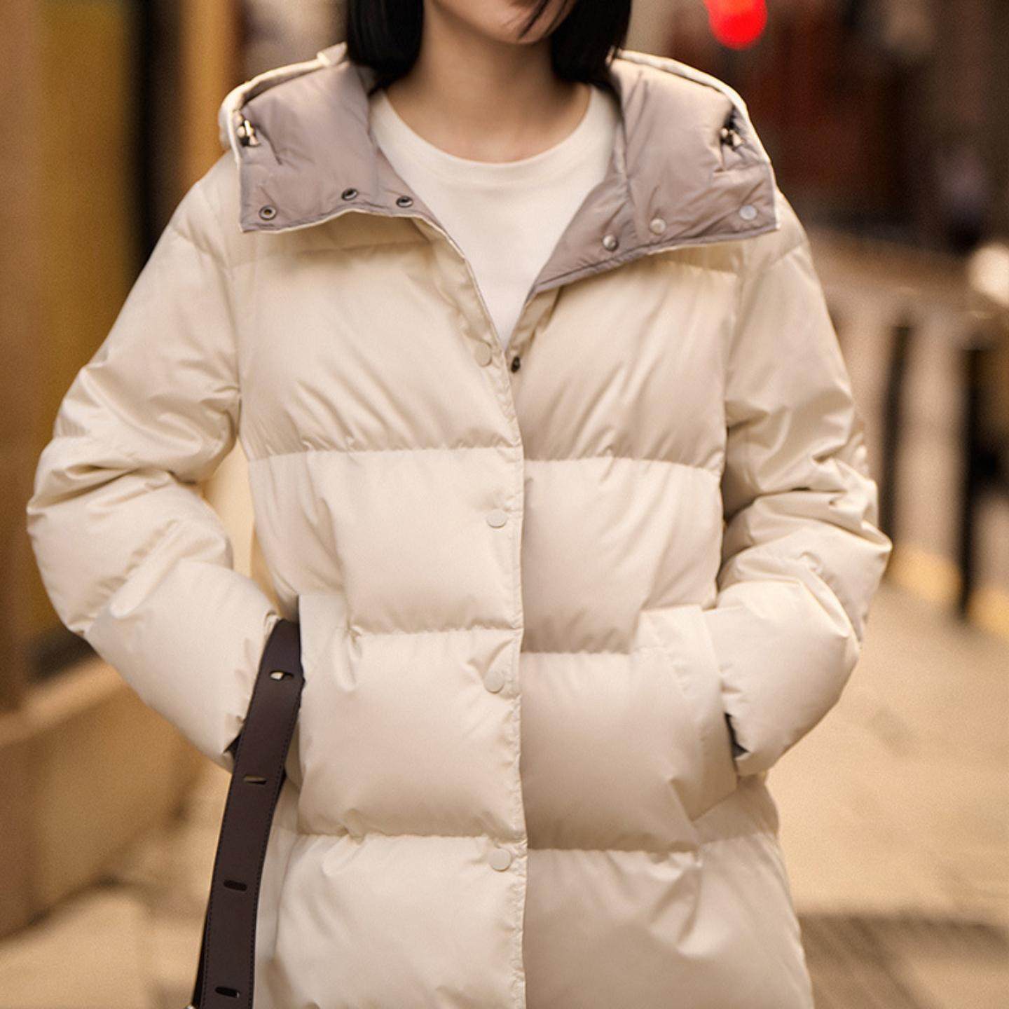 普洛克正品 95白鹅绒羽绒服假两件中长款连帽鹅绒服女装新款冬季