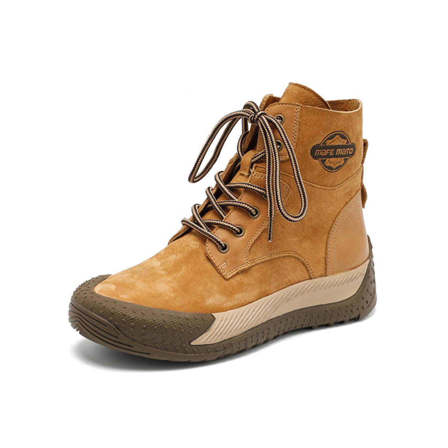 普洛克正品 真皮马丁靴女头层牛皮平底大黄靴户外高帮工装鞋女短