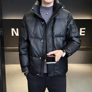 普洛克正品 风2025冬季新款男士休闲纯色皮料立领羽绒服面包服潮