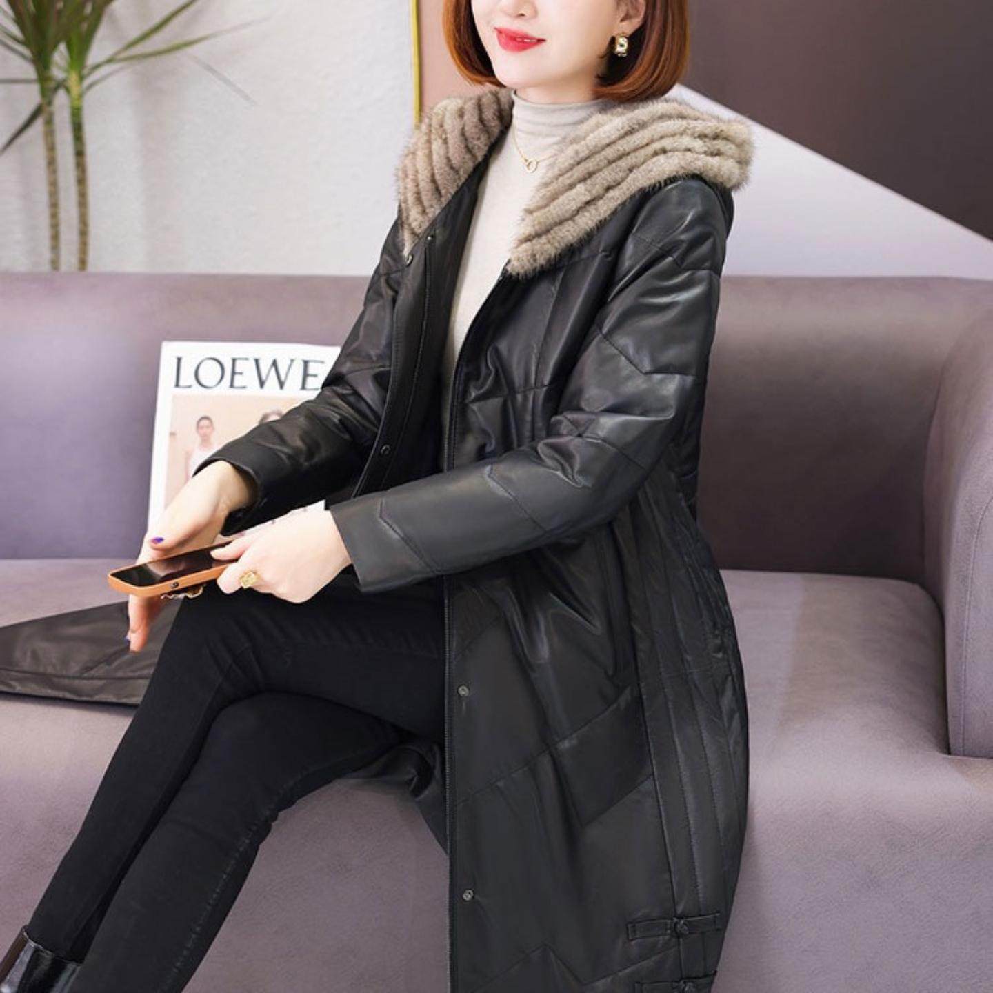 普洛克正品 秋冬羽绒服女中长款冬新洋气质编织水貂毛领绵羊皮衣