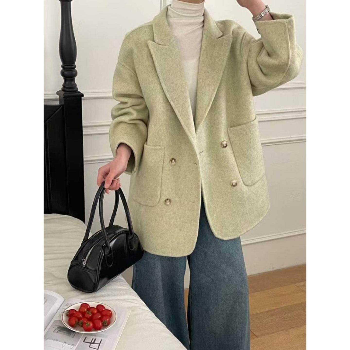 普洛克正品 级双面羊毛大衣女短款小个子宽松韩版西装领毛呢外套