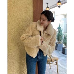 普洛克正品 众设计立体微卷全毛正肩挺括牛角扣短款毛毛皮草外套