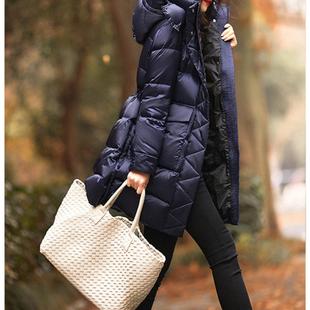 普洛克正品 克莱因蓝羽绒服女款高端女装连帽中长款鹅绒服面包服