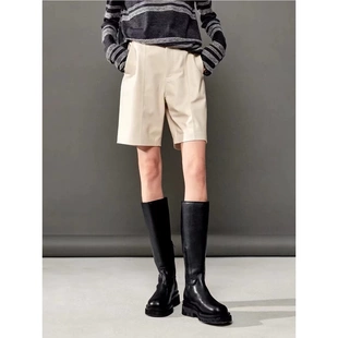 普洛克正品 A级绵羊皮真皮裤秋米色百搭显瘦立体中低腰百慕大短裤