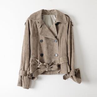 普洛克正品 真皮老钱风翻领绵羊皮反绒双排扣腰带收腰连肩夹克女